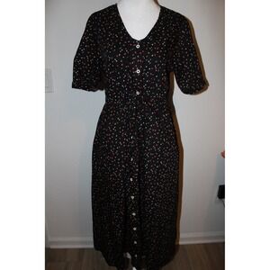 Tradlands Nell Midi Dress Black Floral Button Down Cotton Drawstring Waist Sz S